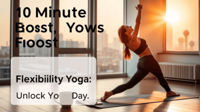 Morning Energy Boost: Sunrise Yoga for the Time-Crunched Pro" Visual Description: A young professional in sleek athleisure performs a Downward Dog pose on a yoga mat in a sunlit, minimalist apartment. A steaming coffee mug and a smartphone (displaying a 10-minute timer) sit nearby. Through a large window, a city skyline glows with dawn light. Text overlay: “10-Minute Flexibility Yoga: Unlock Your Day.” Style: Warm, golden-hour tones with crisp, modern aesthetics.