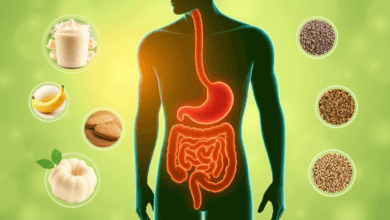 A colorful flat lay of five gut-boosting superfoods arranged on a clean white background. The display includes yogurt, kimchi, blueberries, almonds, and leafy greens, with small labels highlighting their gut-friendly benefits. Soft natural lighting enhances the freshness, evoking a sense of health and vitality.