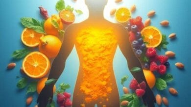 hield of Superfoods Protecting a Human Body A glowing, transparent human silhouette surrounded by a vibrant protective energy shield made of superfoods. Floating around the figure are golden turmeric, bright oranges, deep purple berries, green leafy vegetables, and almonds. The background has a soft blue aura symbolizing health and wellness, with dynamic lighting that enhances the power of these foods in supporting immunity.