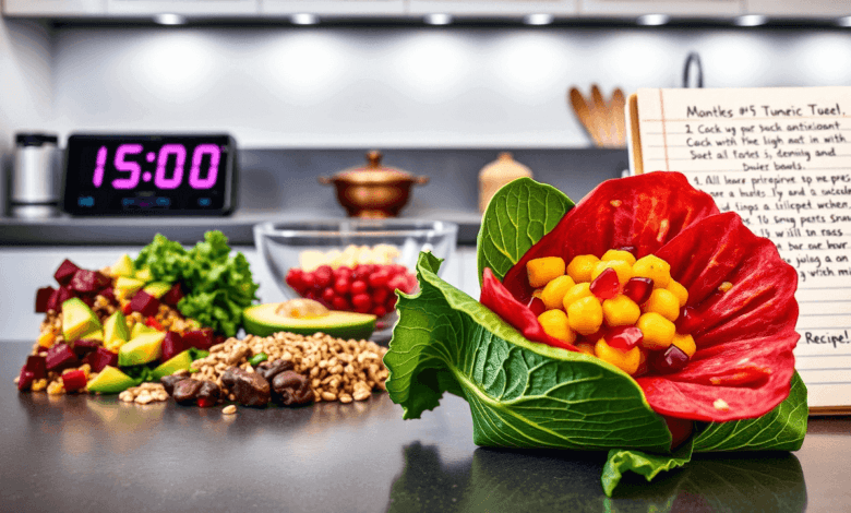 15-Minute Antioxidant Meal Prep Magic" Visual Concept: A sleek kitchen counter with prepped ingredients for a rainbow quinoa bowl: diced beets, kale, avocado slices, and hemp seeds. A vibrant turmeric chickpea wrap is half-wrapped in a collard green leaf. A timer shows "15:00," and a notebook with a handwritten recipe list is visible. Bright, modern lighting with pops of red (pomegranate) and green (kale). Mood: Efficient, fresh, and inspiring.