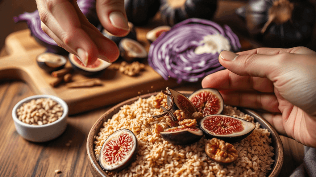 Underrated Antioxidant Heroes in Action" Visual Concept: A close-up of hands sprinkling cloves over golden oatmeal, with sliced figs and walnuts. In the background, a cutting board features red cabbage, black garlic, and artichokes. A small bowl of sorghum grain and cinnamon sticks sits nearby. Warm, earthy tones dominate, with soft shadows to emphasize texture.