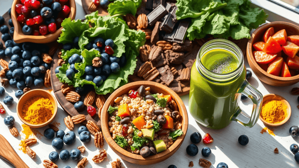 ibrant Antioxidant Superfood Spread" Visual Concept: A brightly lit table overflowing with colorful antioxidant-rich superfoods: fresh blueberries, pomegranate arils, dark chocolate chunks, kale, pecans, and turmeric powder. Include a rustic wooden bowl of quinoa salad with avocado and roasted sweet potatoes. A green smoothie in a mason jar sits nearby, garnished with chia seeds. Sunlight streams through a window, highlighting the textures and colors.