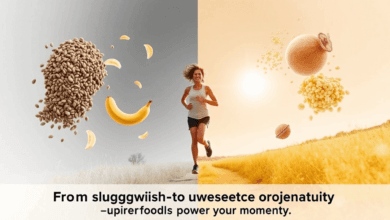 A fit and muscular athlete in motion—either sprinting on a track or lifting weights in the gym—surrounded by a dynamic energy aura. Floating around them are glowing images of nutrient-dense superfoods like avocados, eggs, berries, and nuts, visually representing the power of nutrition. The background is a mix of an athletic setting and an abstract energy burst, emphasizing the connection between strength and superfoods.