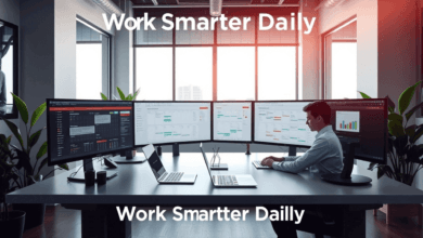 How To Work Smarter Daily: Energize Your Success 1 Create a dynamic modern workspace that embodies the 'work smarter daily' spirit. Show a sleek, minimalist desk with a high-tech laptop, dual monitors displaying productivity dashboards and digital calendars, and subtle motivational text overlays like 'Work Smarter Daily.' Include natural light streaming through a large window, vibrant green plants, and an enthusiastic individual working with focused energy. The overall tone should be energetic, inspiring, and futuristic