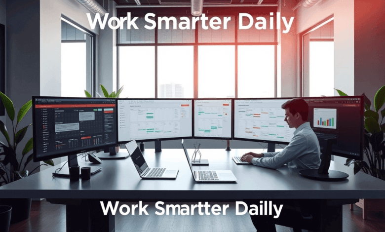 Create a dynamic modern workspace that embodies the 'work smarter daily' spirit. Show a sleek, minimalist desk with a high-tech laptop, dual monitors displaying productivity dashboards and digital calendars, and subtle motivational text overlays like 'Work Smarter Daily.' Include natural light streaming through a large window, vibrant green plants, and an enthusiastic individual working with focused energy. The overall tone should be energetic, inspiring, and futuristic
