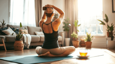 Peaceful Morning Flow" – A person in a cozy living room, sitting cross-legged on a yoga mat, stretching with a gentle spinal twist. Sunlight streams through a large window, casting a warm glow on houseplants and a cup of herbal tea nearby.