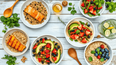 A beautifully arranged flat lay of a variety of heart-healthy meals on a rustic wooden table. The spread includes grilled salmon with quinoa, a colorful Mediterranean lentil salad, avocado and black bean tacos, and a bowl of oatmeal topped with fresh berries. Surrounding the dishes are fresh ingredients like leafy greens, walnuts, olive oil, and vibrant vegetables. A wooden spoon and a glass of infused water with lemon slices add a refreshing touch. The lighting is bright and natural, emphasizing the fresh, nutritious ingredients.