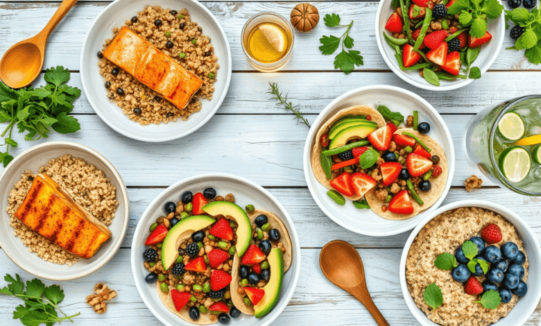 A beautifully arranged flat lay of a variety of heart-healthy meals on a rustic wooden table. The spread includes grilled salmon with quinoa, a colorful Mediterranean lentil salad, avocado and black bean tacos, and a bowl of oatmeal topped with fresh berries. Surrounding the dishes are fresh ingredients like leafy greens, walnuts, olive oil, and vibrant vegetables. A wooden spoon and a glass of infused water with lemon slices add a refreshing touch. The lighting is bright and natural, emphasizing the fresh, nutritious ingredients.