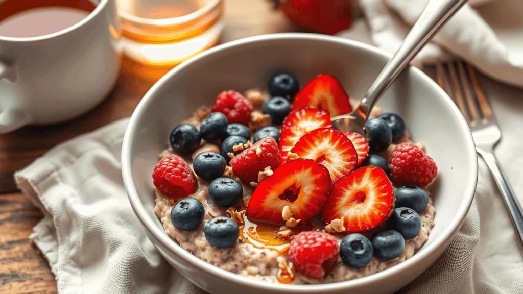 Oatmeal Berry Breakfast Bowl A cozy breakfast scene featuring a bowl of warm oatmeal topped with a mix of fresh blueberries, raspberries, and sliced strawberries. A drizzle of honey glistens on top, with a sprinkle of chia seeds and crushed nuts for texture. A cup of herbal tea and a linen napkin complete the setting.