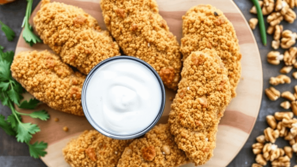 Walnut-Crusted Chicken Tenders
Crispy, golden-brown walnut-crusted chicken tenders arranged on a wooden cutting board. A side of heart-healthy dipping sauce, such as Greek yogurt-based honey mustard, is placed next to the tenders. The background includes fresh herbs and crushed walnuts to emphasize the natural ingredients.