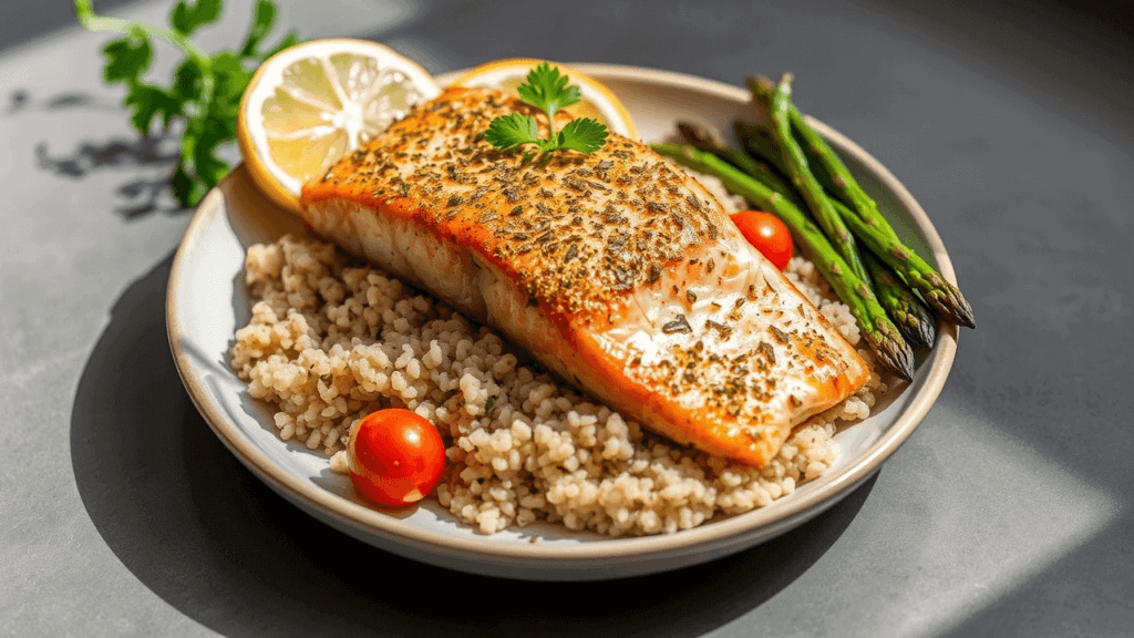 Garlic Herb Salmon with Quinoa A beautifully plated dish of baked salmon with a golden herb crust, served on a bed of fluffy quinoa with a side of roasted asparagus and cherry tomatoes. The dish is garnished with lemon wedges and fresh parsley, with soft natural lighting enhancing the vibrant colors.