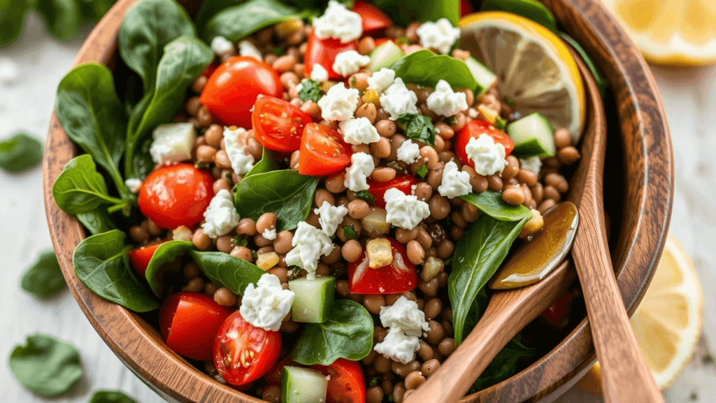 Mediterranean Lentil Salad A fresh and colorful Mediterranean lentil salad in a rustic wooden bowl, featuring bright cherry tomatoes, chopped cucumbers, leafy spinach, crumbled feta cheese, and a drizzle of olive oil. A wooden spoon rests beside the bowl, and a lemon wedge is placed on the side for a fresh, zesty touch.