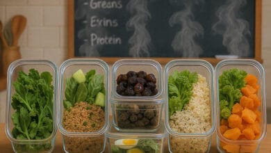 Why is it important to have a balanced meal plan? 8 A 16×9 banner photo of six glass meal‑prep containers arranged neatly on a countertop: each holds a different balanced meal (greens + grains + protein), with steam rising. Behind them, a handwritten weekly menu on a chalkboard and a scattered grocery list. Warm, natural lighting to evoke home‑kitchen comfort.