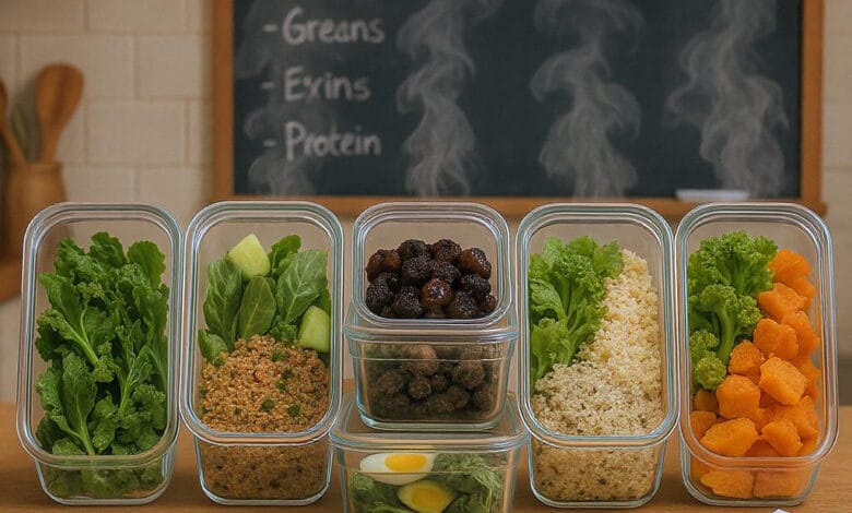 Why is it important to have a balanced meal plan? 2 A 16×9 banner photo of six glass meal‑prep containers arranged neatly on a countertop: each holds a different balanced meal (greens + grains + protein), with steam rising. Behind them, a handwritten weekly menu on a chalkboard and a scattered grocery list. Warm, natural lighting to evoke home‑kitchen comfort.