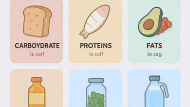 What Is a Balanced Diet and Meal Planning? 9 ALT TAG A colorful, flat-style infographic showing the seven key nutrients of a balanced diet: carbohydrates, proteins, fats, vitamins, minerals, fiber, and water.